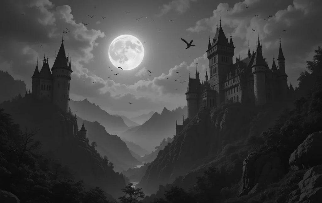 Gothic castle on mountain with full moon and birds/dragon