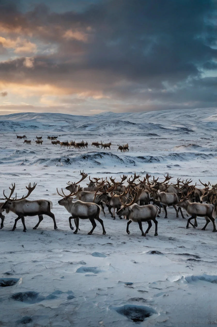 HERD OF REINDEER IN SNOWFY LANDSCAPE