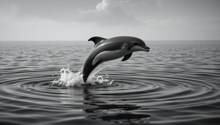 Leaping Dolphin Mid-Air - Joyful Black and White Marine Mammal Photography Print