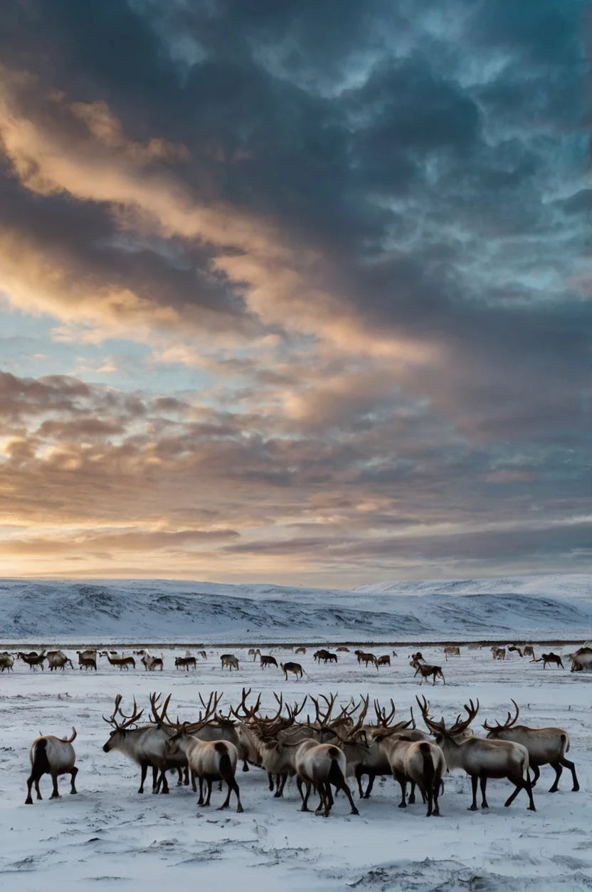 HERD OF REINDEER IN SNOWFY LANDSCAPE