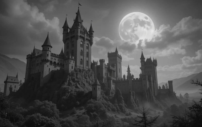 Gothic castle on mountain with full moon and birds/dragon