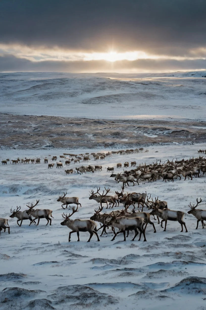 HERD OF REINDEER IN SNOWFY LANDSCAPE