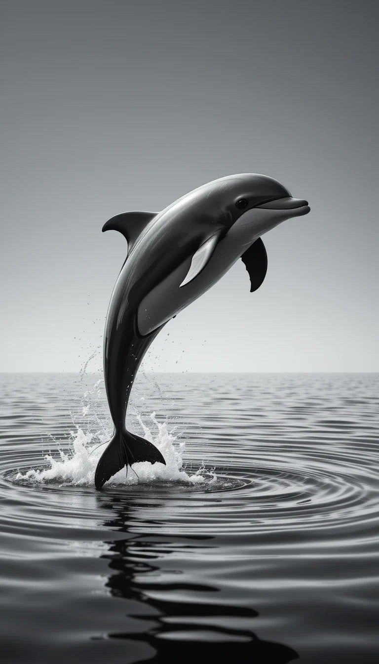 Leaping Dolphin Mid-Air - Joyful Black and White Marine Mammal Photography Print