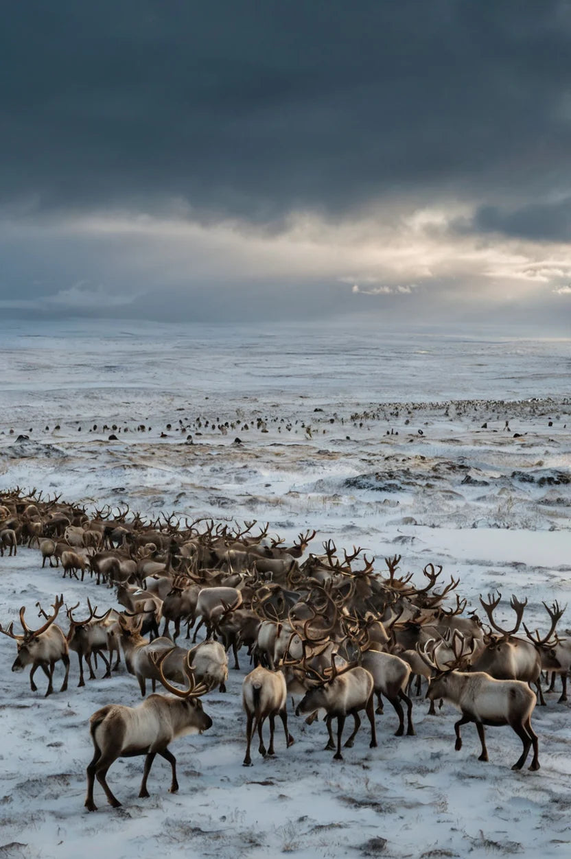 HERD OF REINDEER IN SNOWFY LANDSCAPE