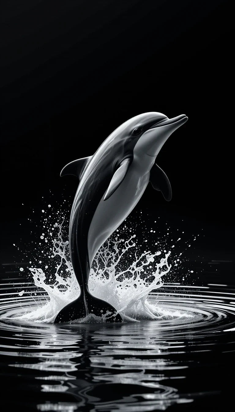 Leaping Dolphin Mid-Air - Joyful Black and White Marine Mammal Photography Print