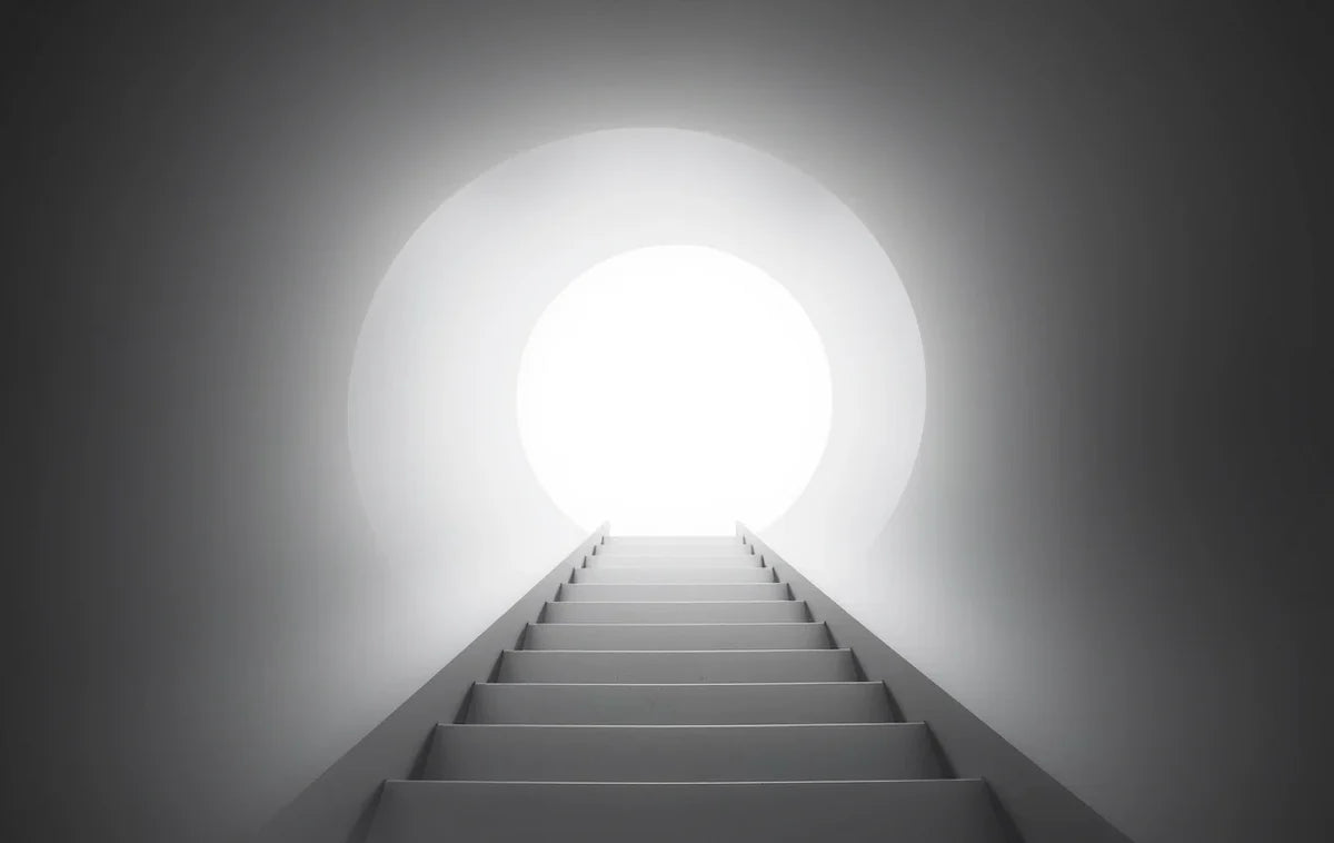 Curved staircase tunnel with arches