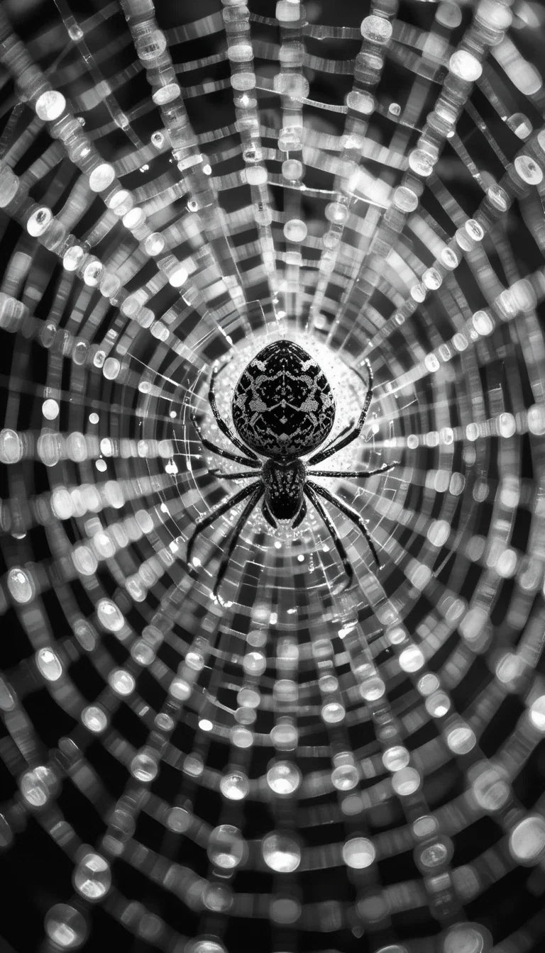 Dew-Covered Spider Web with Spider - Intricate Black and White Macro Nature Wall Art