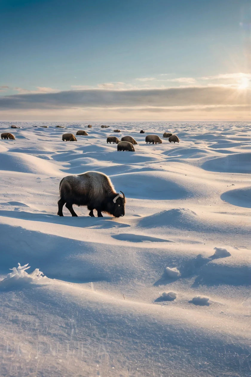 HERD OF BISON IN SNOWFY TERRAIN
