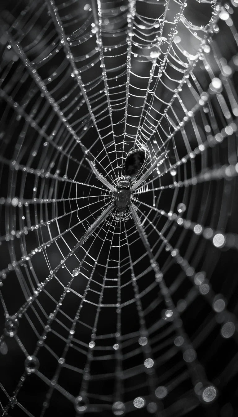Dew-Covered Spider Web with Spider - Intricate Black and White Macro Nature Wall Art