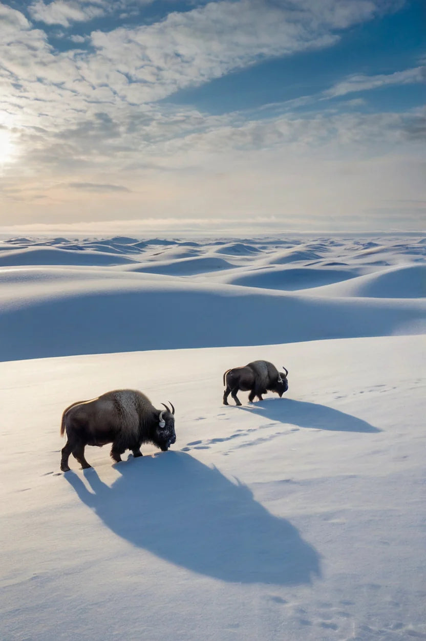 HERD OF BISON IN SNOWFY TERRAIN