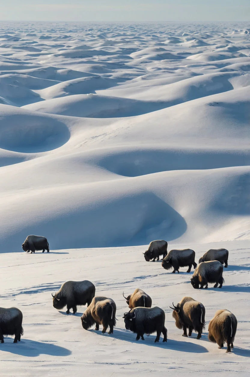 HERD OF BISON IN SNOWFY TERRAIN