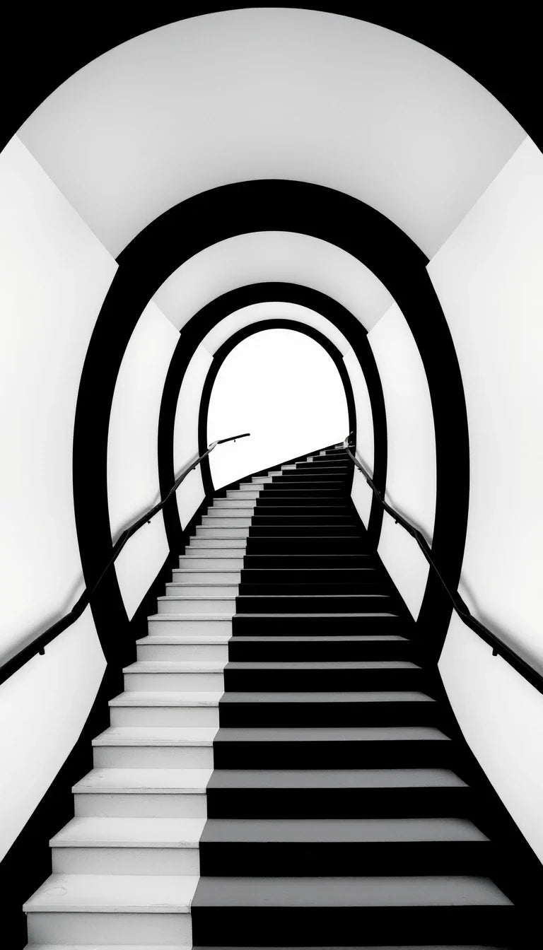 Curved staircase tunnel with arches