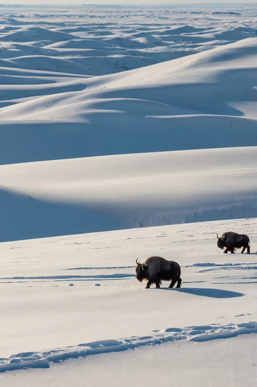 HERD OF BISON IN SNOWFY TERRAIN