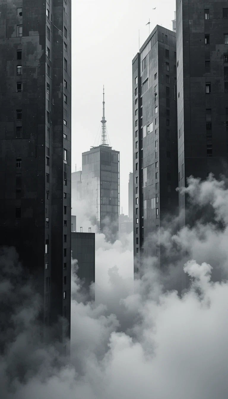 Sharp pointed skyscraper in clouds