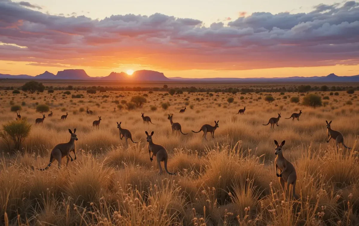 KANGAROOS AT SUNSET IN THE OUTBACK