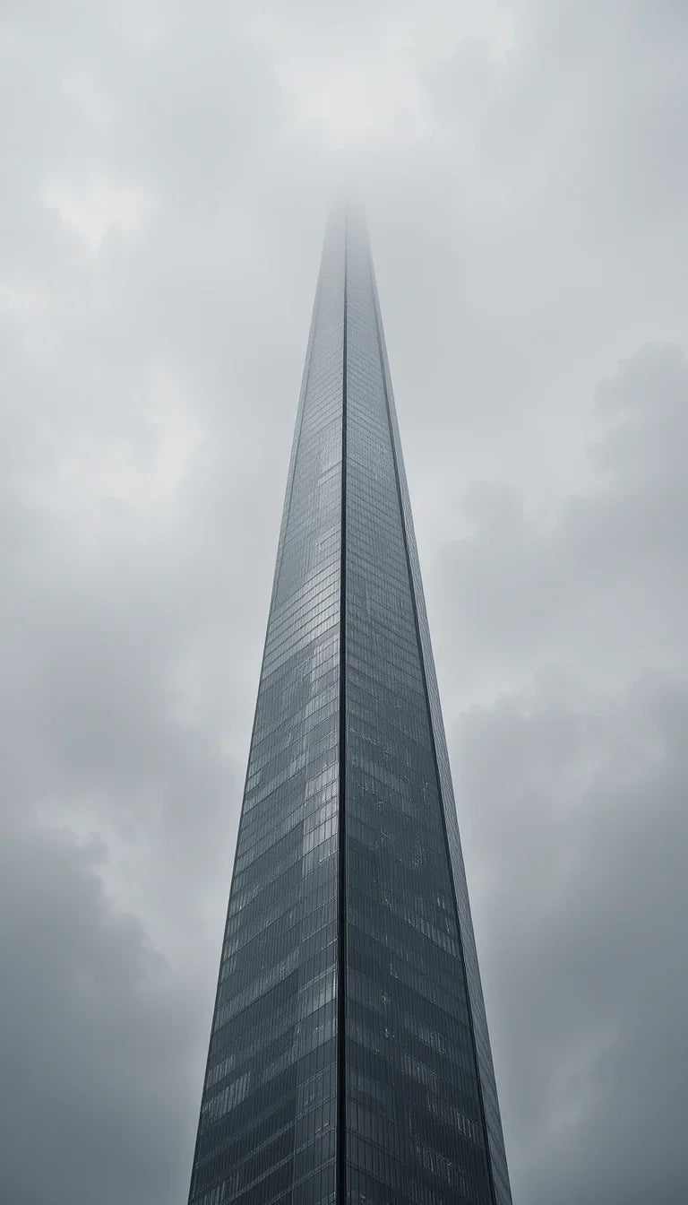 Brutalist concrete buildings in fog