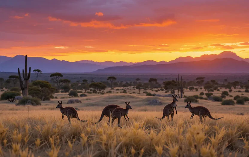 KANGAROOS AT SUNSET IN THE OUTBACK