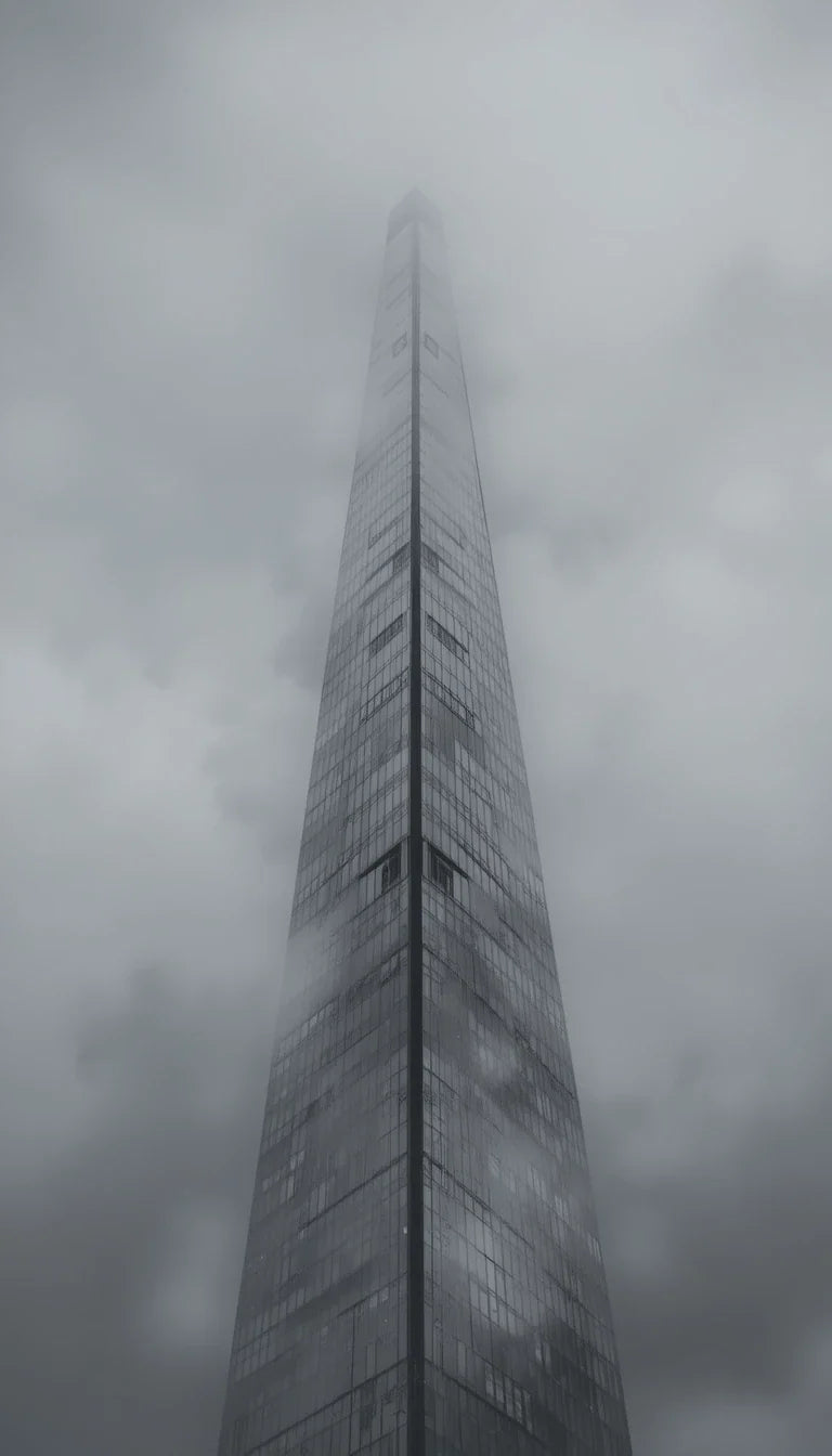 Brutalist concrete buildings in fog