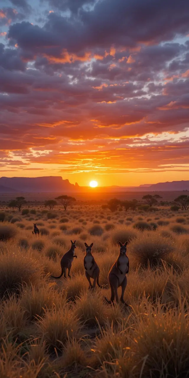 KANGAROOS AT SUNSET IN THE OUTBACK