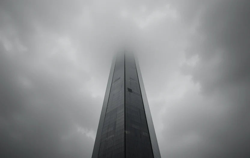 Brutalist concrete buildings in fog