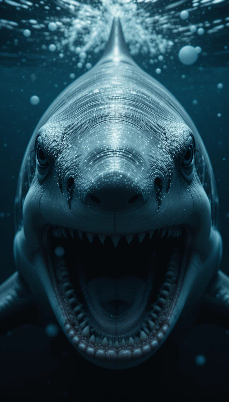 Menacing Great White Shark Open Mouth - Intense Black and White Underwater Photography