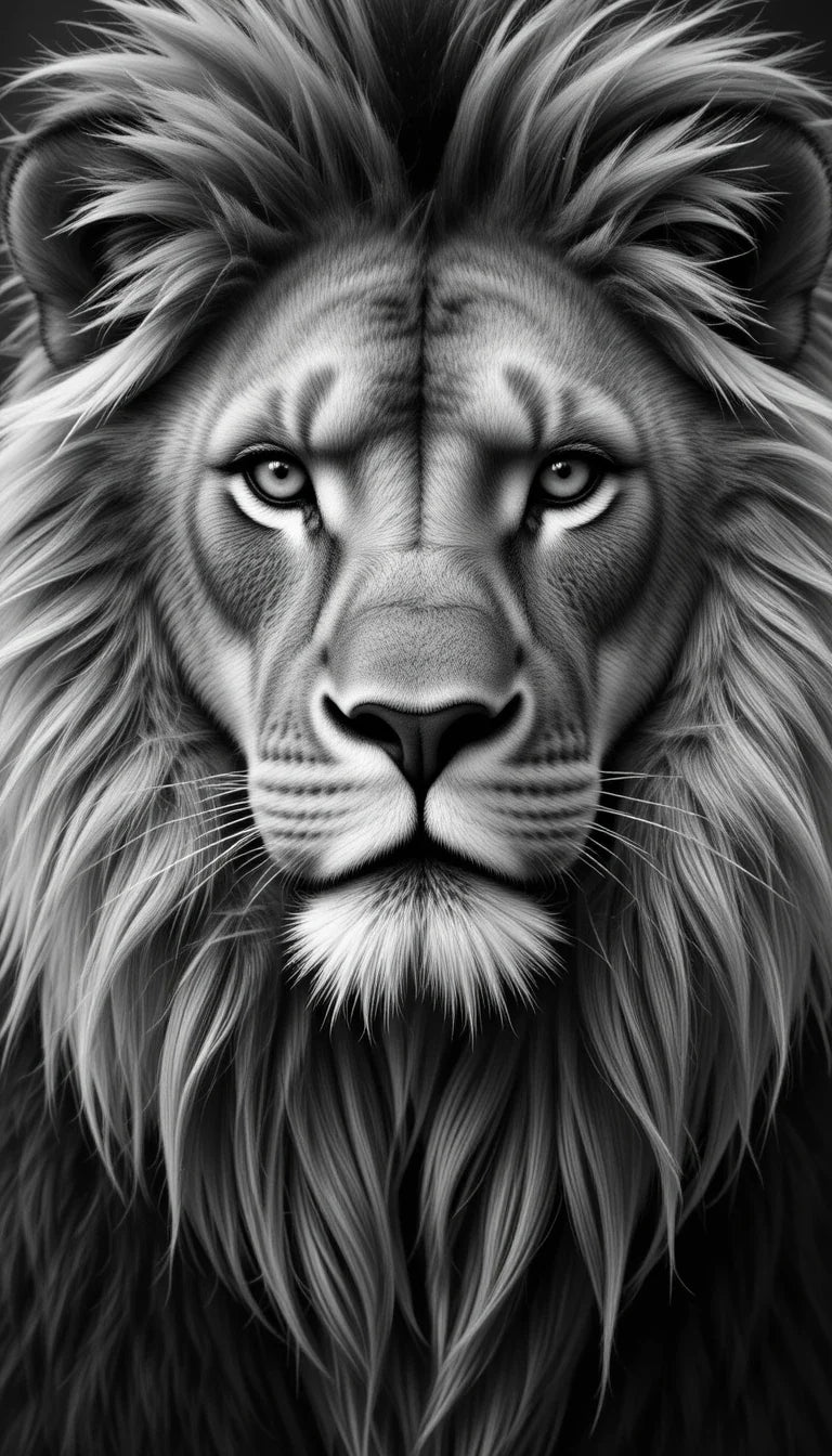 Regal Lion Close-Up Portrait - Striking Black and White Big Cat Wall Art