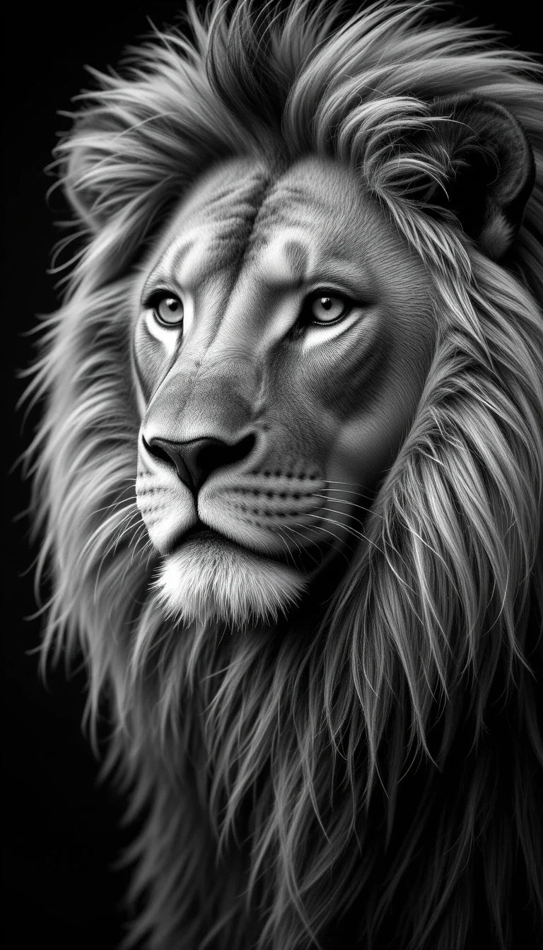 Regal Lion Close-Up Portrait - Striking Black and White Big Cat Wall Art