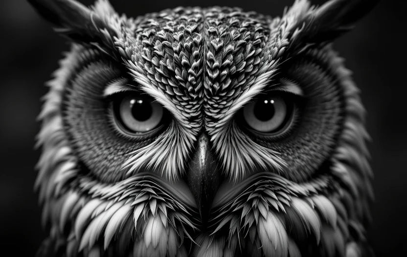 ntense Owl Stare Black and White Portrait – Striking Wildlife Fine Art Photography
