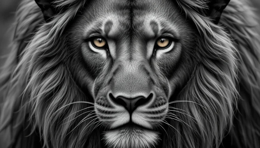 Regal Lion Close-Up Portrait - Striking Black and White Big Cat Wall Art