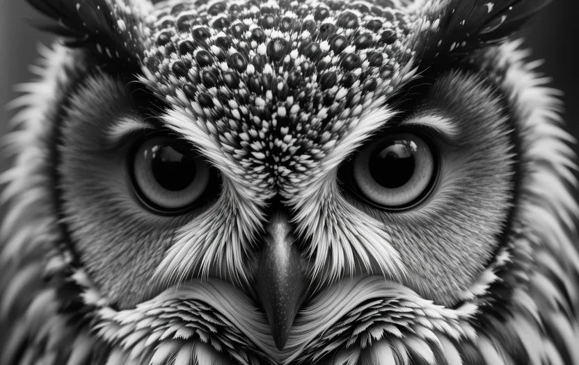 ntense Owl Stare Black and White Portrait – Striking Wildlife Fine Art Photography