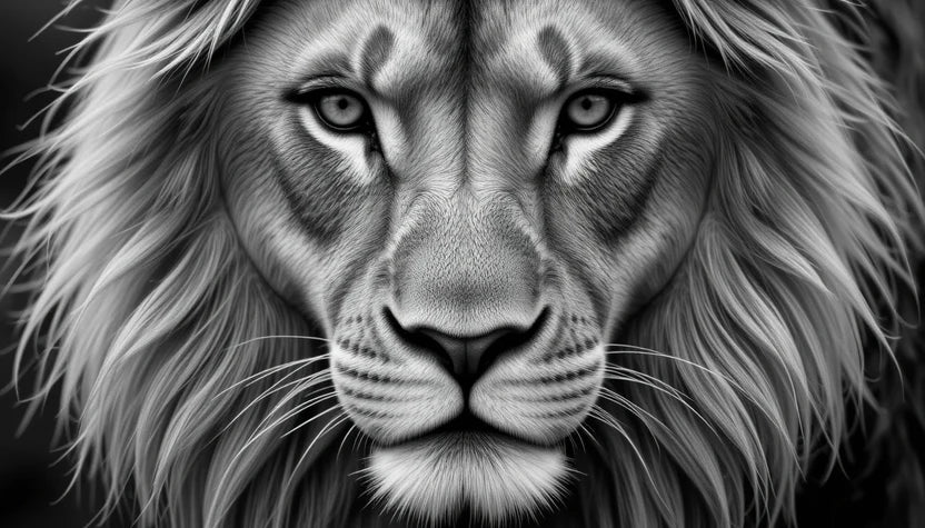 Regal Lion Close-Up Portrait - Striking Black and White Big Cat Wall Art