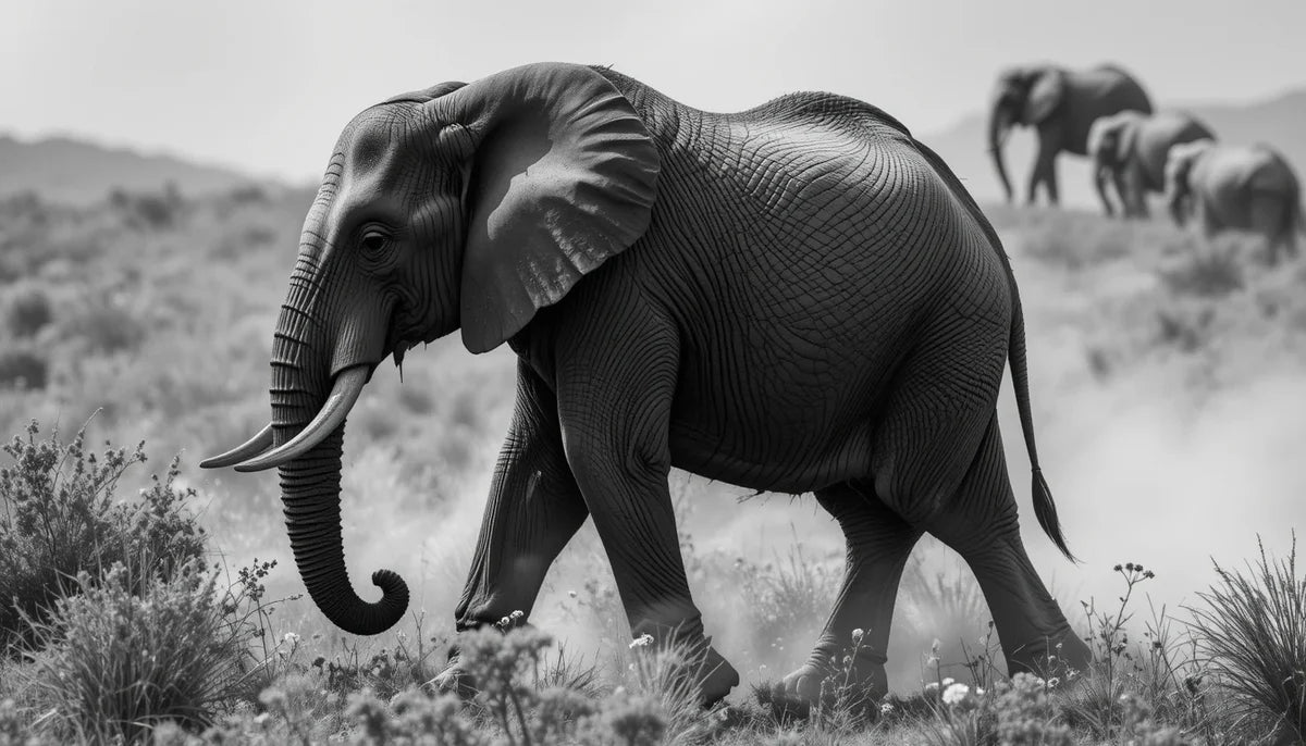 Majestic African Elephant Walking in Dust - Classic Black and White Safari Photography Print