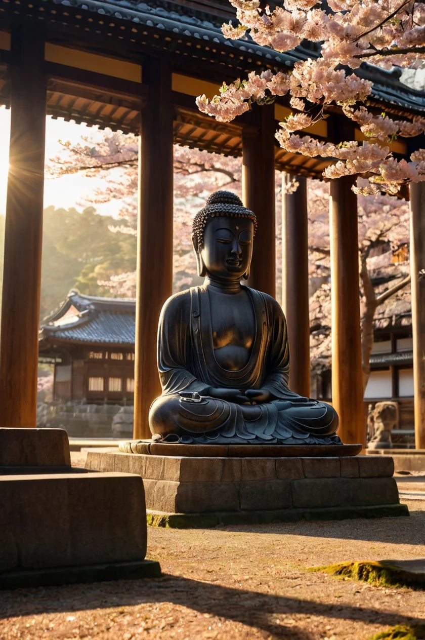 JAPAN BUDDHA STATUE UNDER CHERRY BLOSSOM