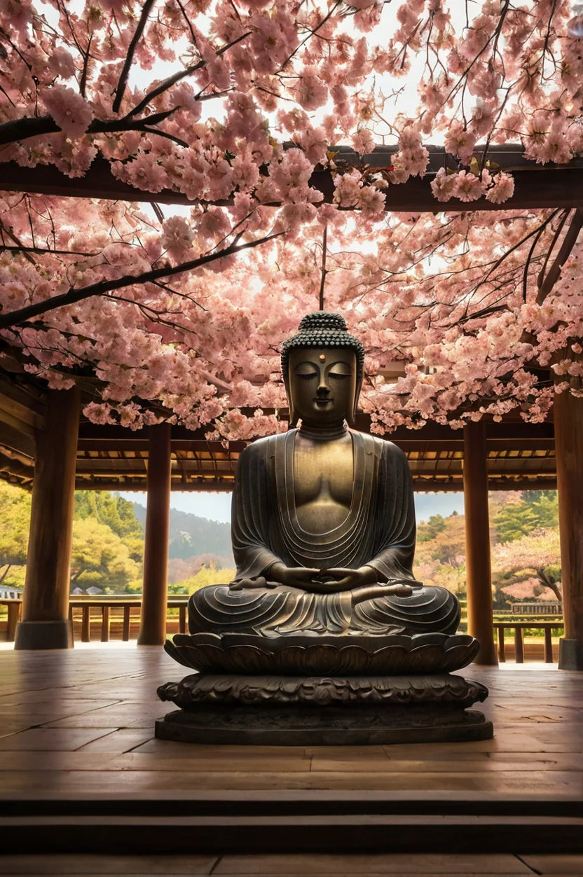 JAPAN BUDDHA STATUE UNDER CHERRY BLOSSOM