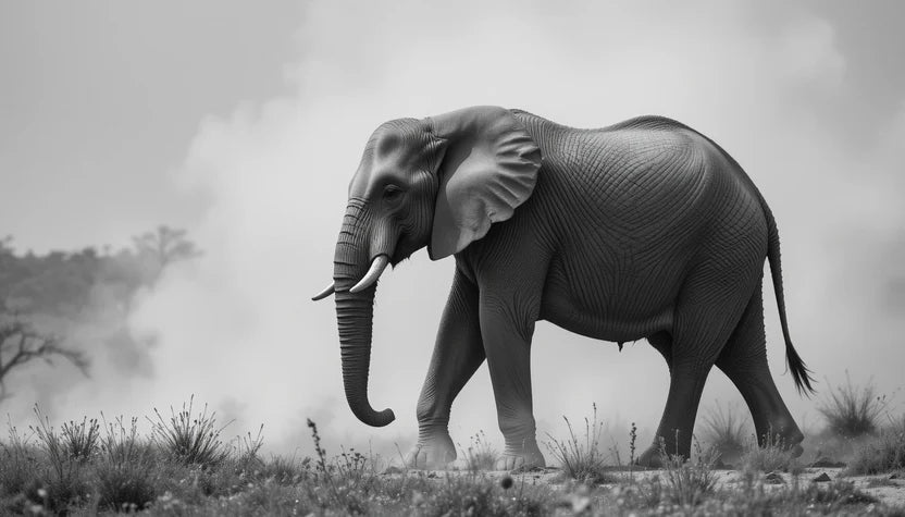 Majestic African Elephant Walking in Dust - Classic Black and White Safari Photography Print
