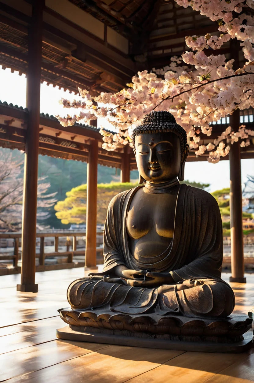 JAPAN BUDDHA STATUE UNDER CHERRY BLOSSOM