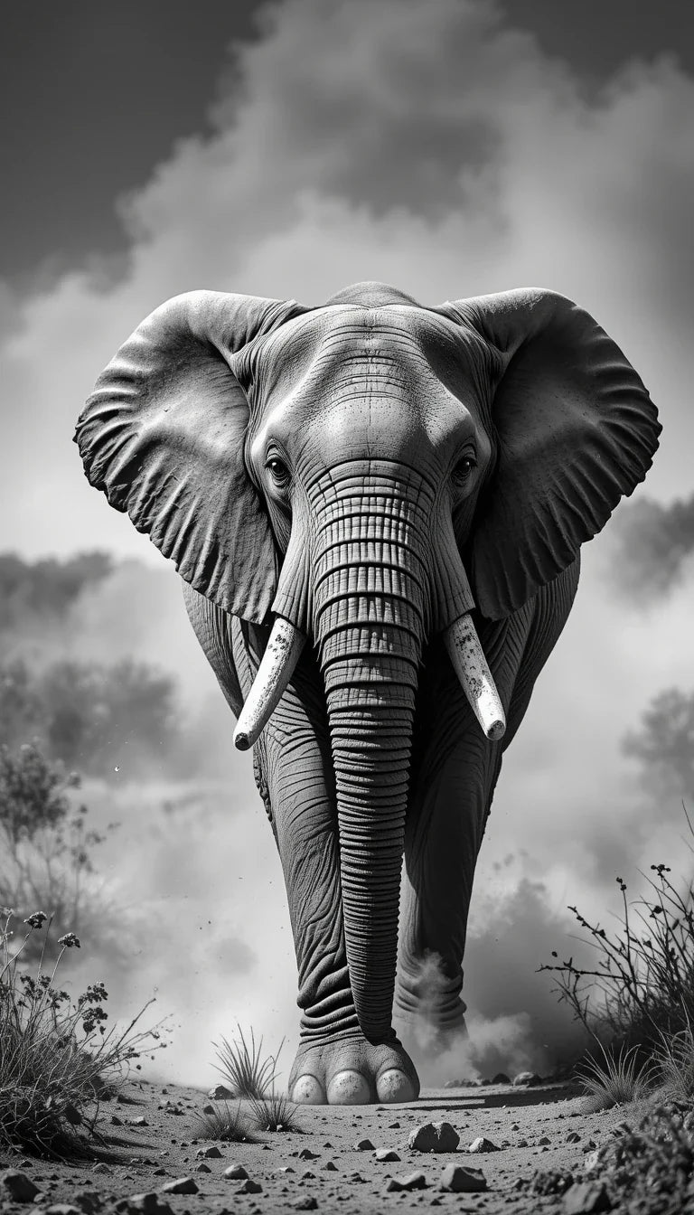 Majestic African Elephant Walking in Dust - Classic Black and White Safari Photography Print