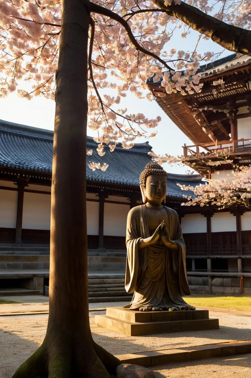 JAPAN BUDDHA STATUE UNDER CHERRY BLOSSOM