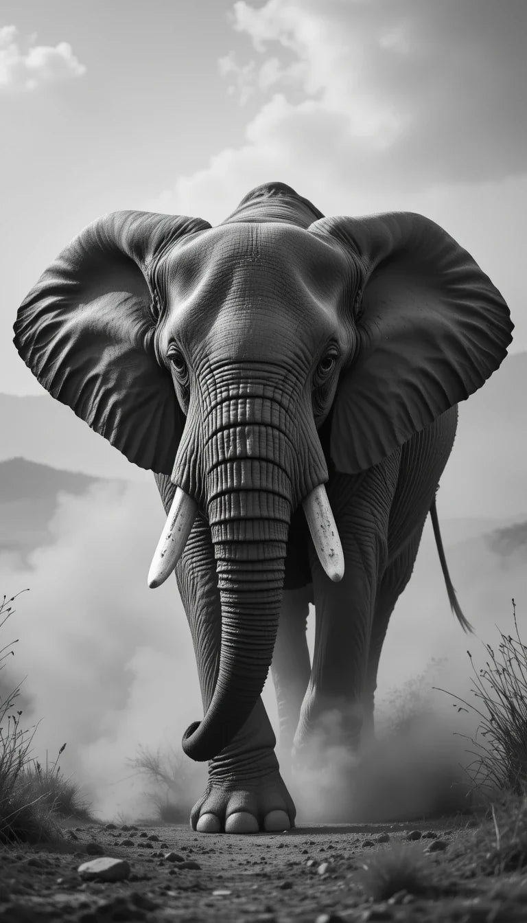 Majestic African Elephant Walking in Dust - Classic Black and White Safari Photography Print