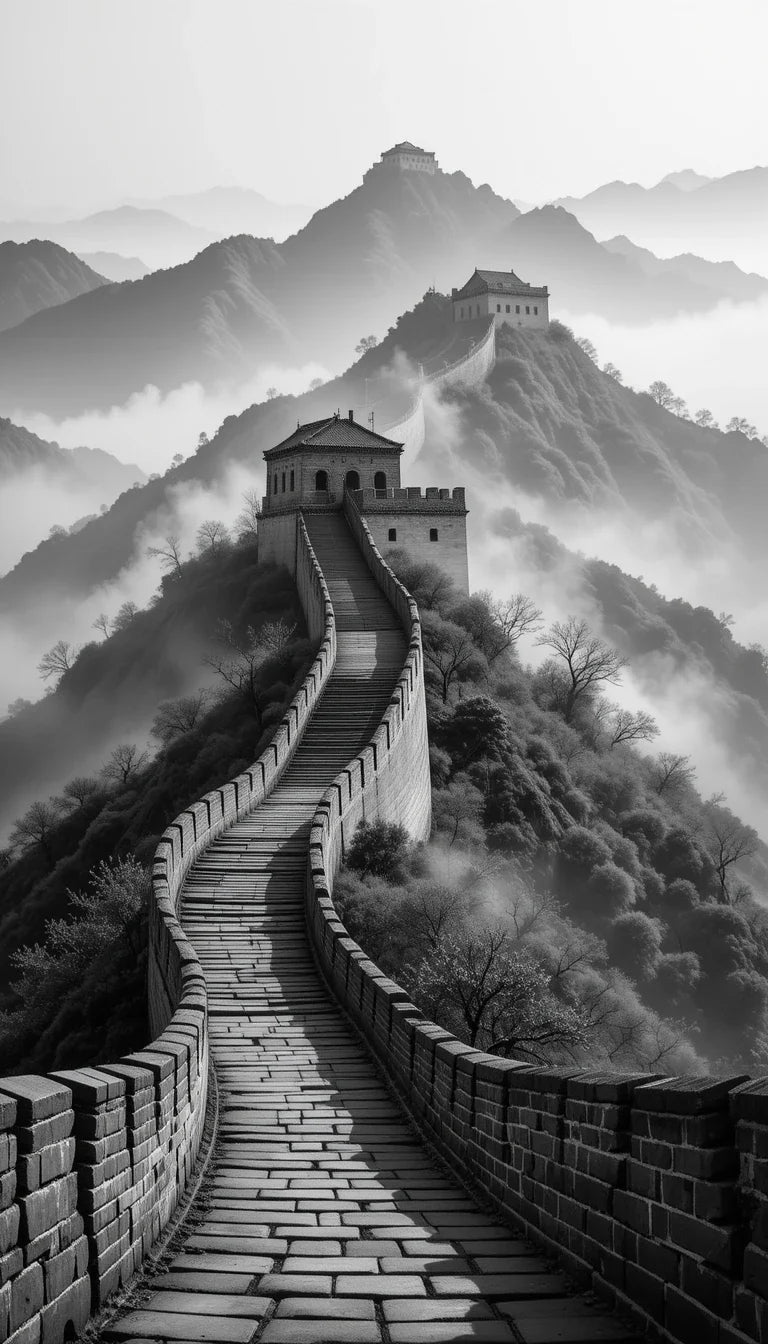 Great Wall of China in Mist Black and White – Ethereal Landscape Photography Print