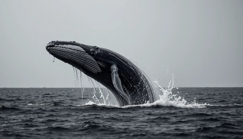 Breaching Humpback Whale - Powerful Black and White Marine Wildlife Wall Art