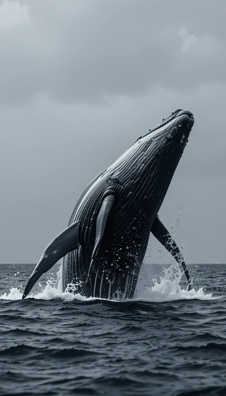 Breaching Humpback Whale - Powerful Black and White Marine Wildlife Wall Art