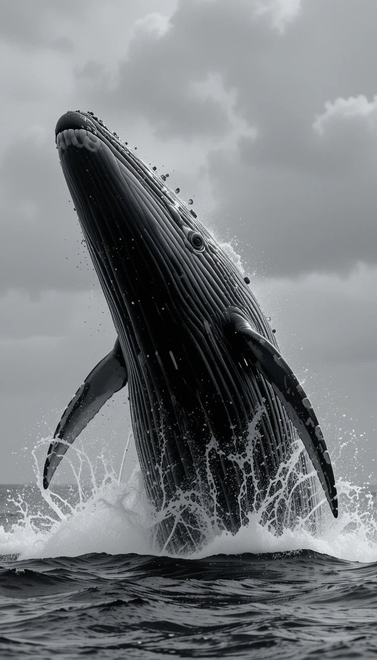 Breaching Humpback Whale - Powerful Black and White Marine Wildlife Wall Art
