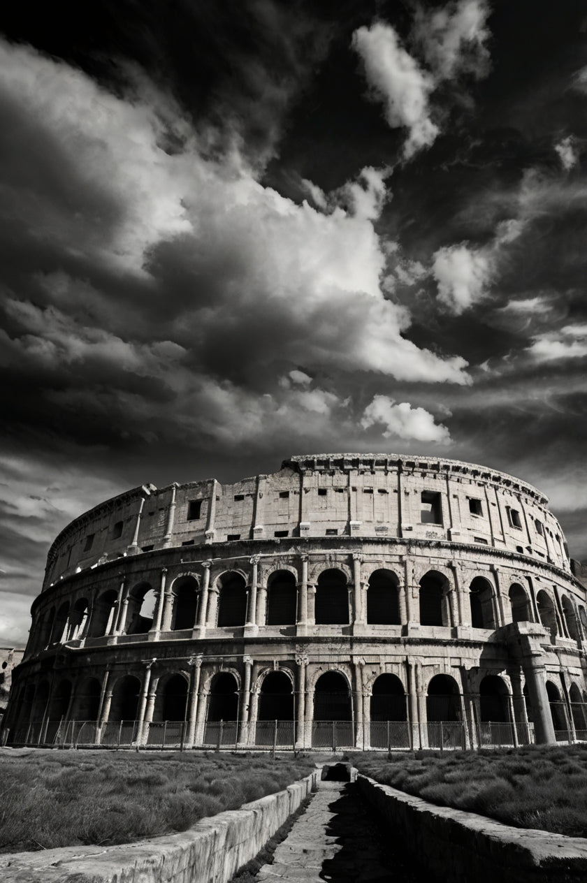 Colosseum under dramatic sky →Empire of Clouds