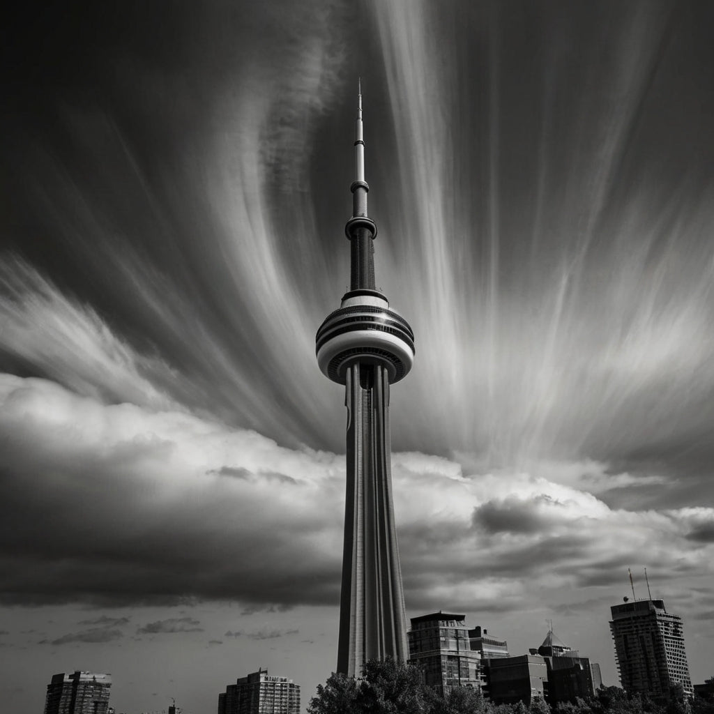 CN Tower with streaking clouds → Ascension Beneath the Maelstrom