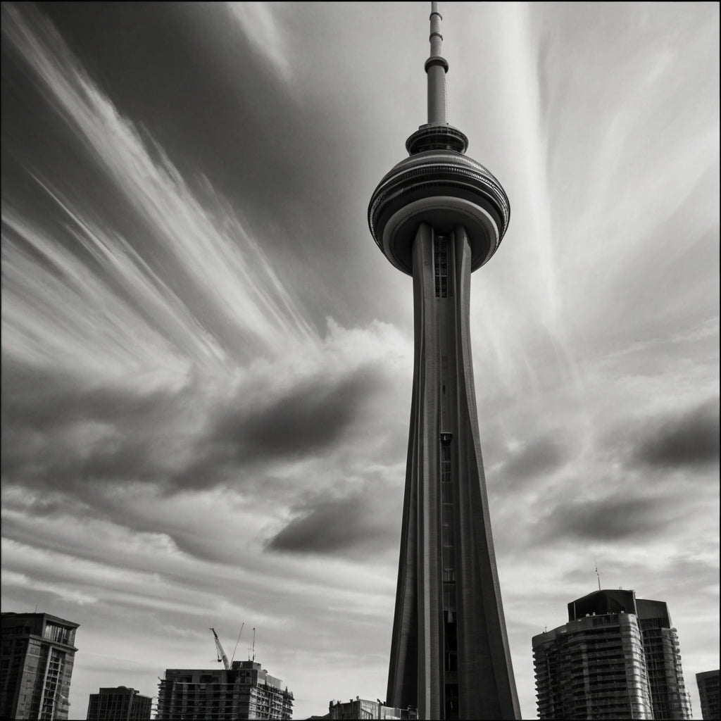 CN Tower with streaking clouds → Ascension Beneath the Maelstrom
