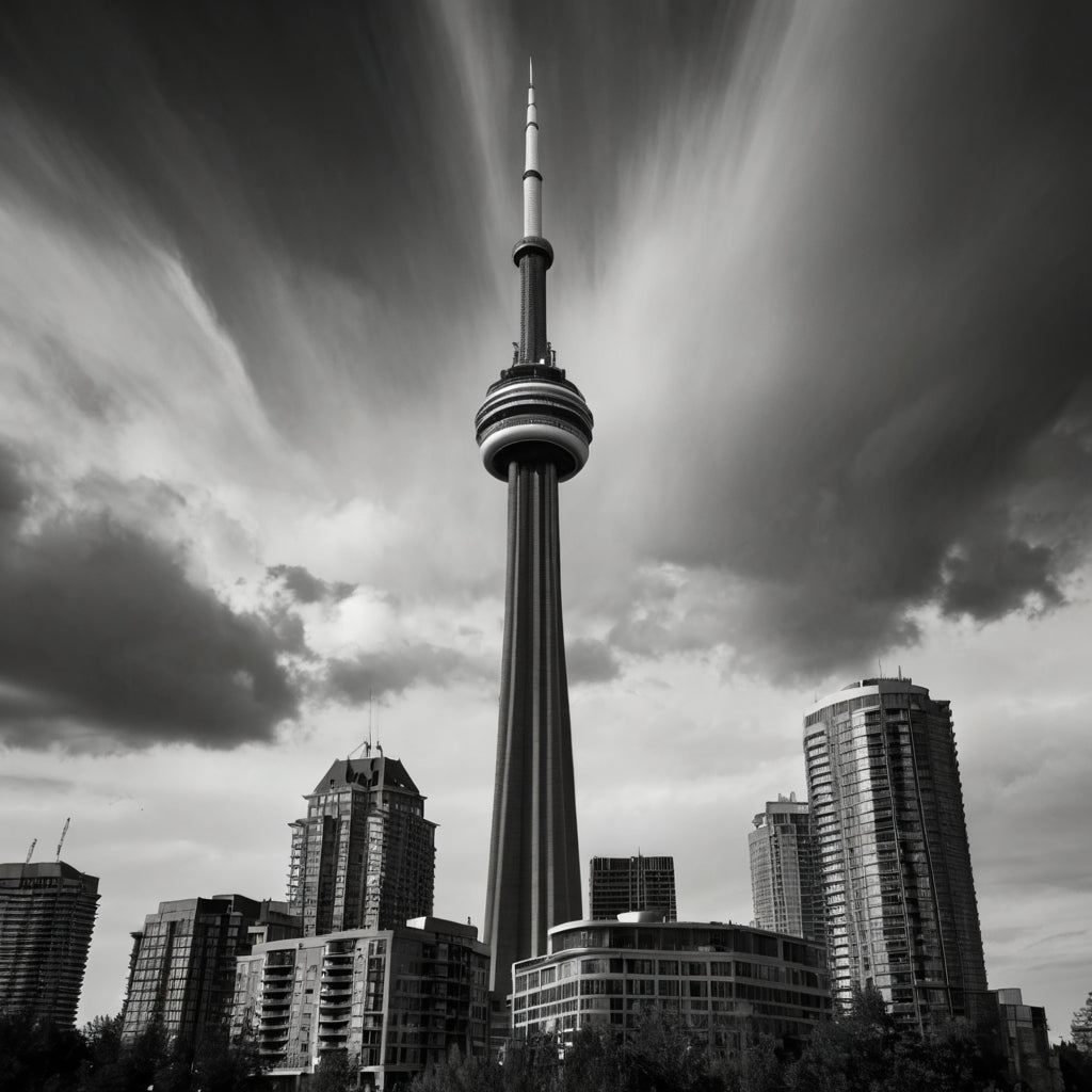 CN Tower with streaking clouds → Ascension Beneath the Maelstrom