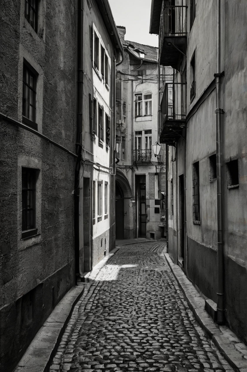 Black & White Cobblestone Alley Photography