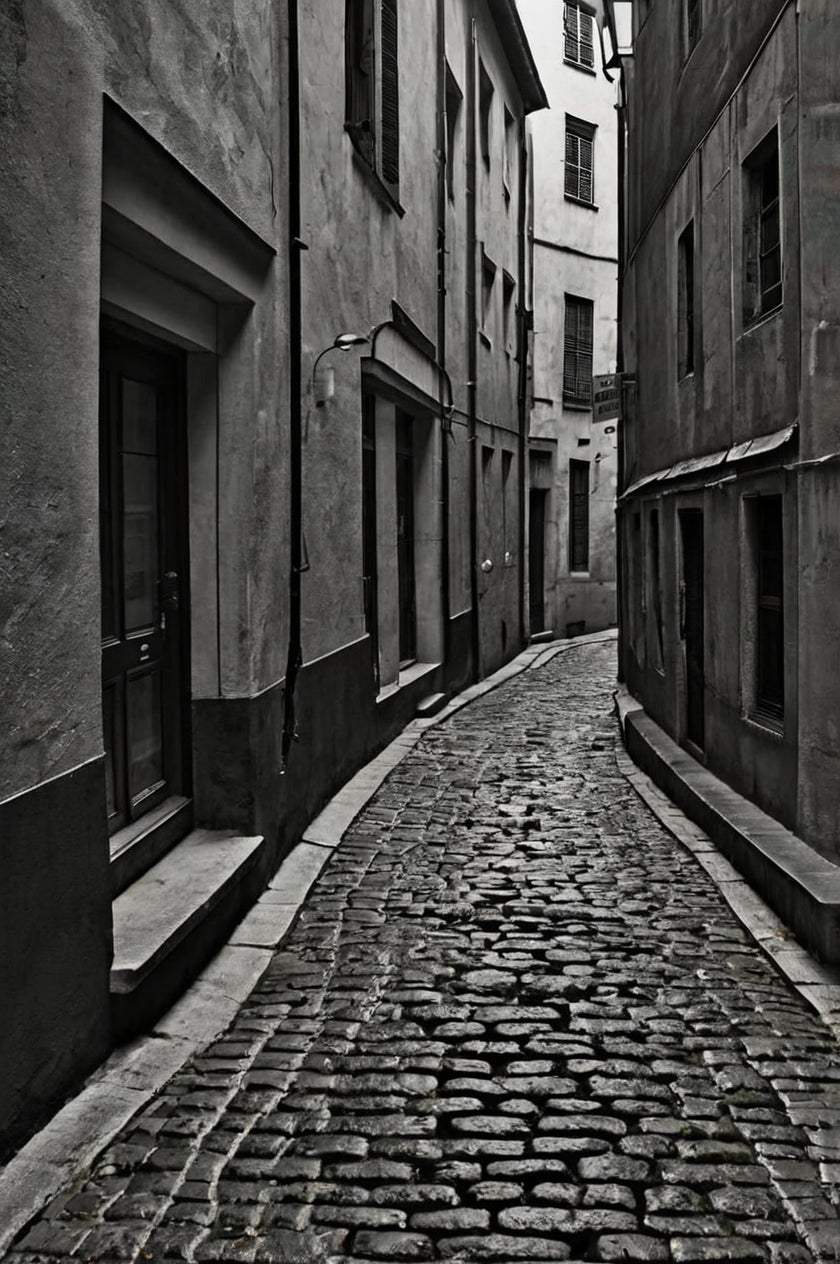 Black & White Cobblestone Alley Photography