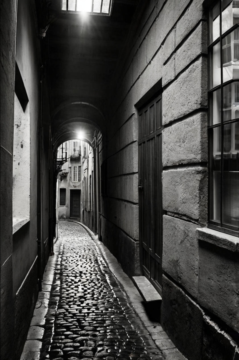 Black & White Cobblestone Alley Photography